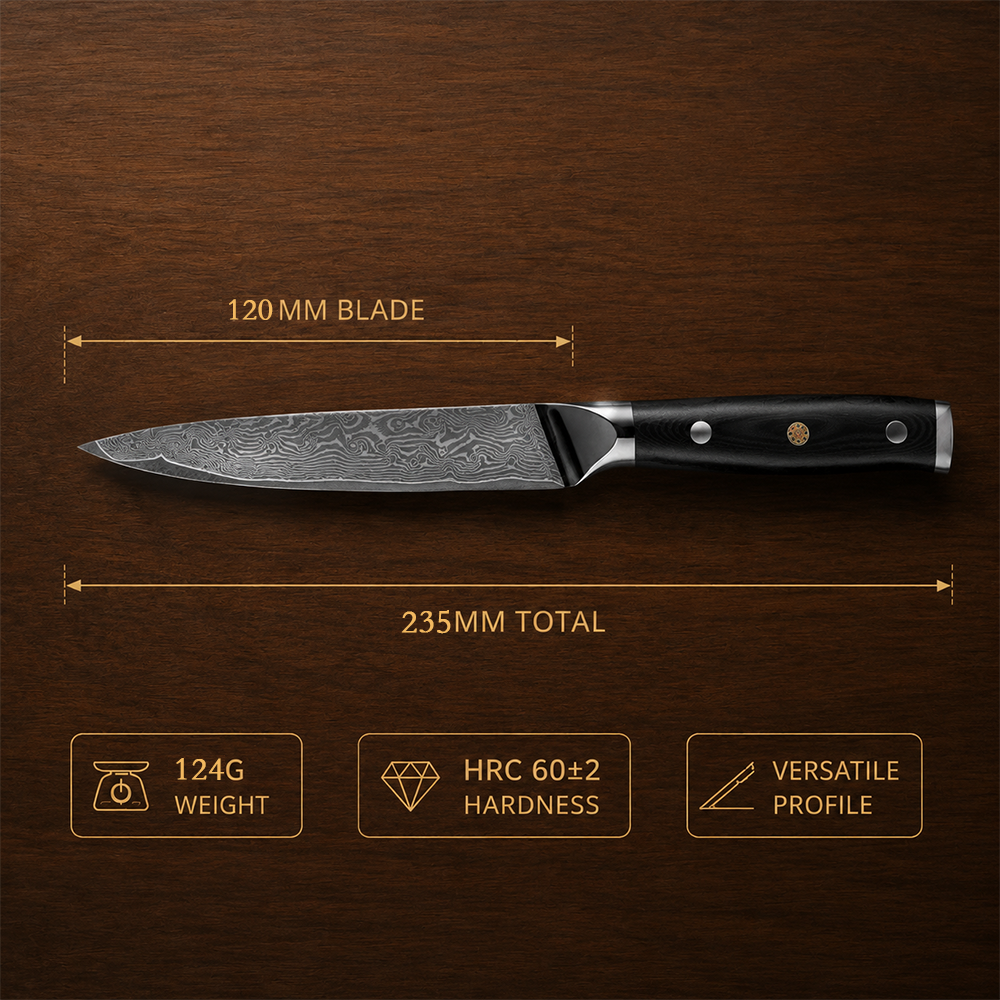 Morvillo Signature Petty 120mm — 67-Layer Damascus Utility Knife