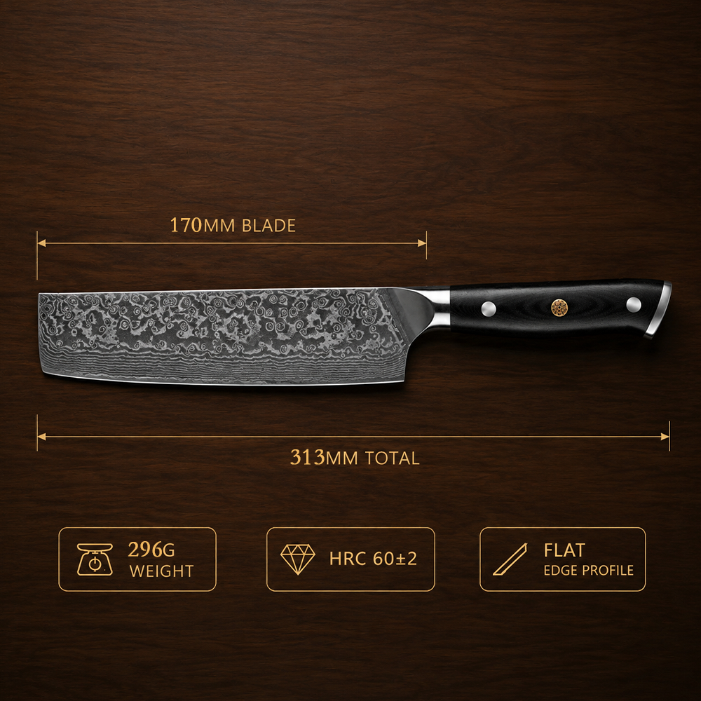 Morvillo Signature Nakiri 170mm — 67-Layer Damascus Vegetable Knife