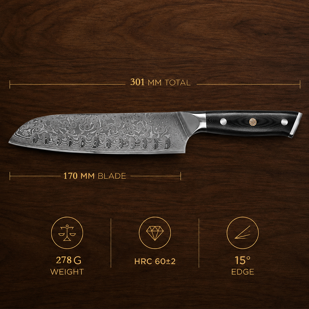 Morvillo Signature Santoku 170mm — 67-Layer Damascus Chef Knife