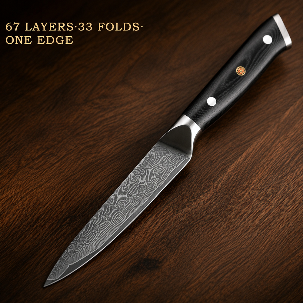 Morvillo Signature Petty 120mm — 67-Layer Damascus Utility Knife