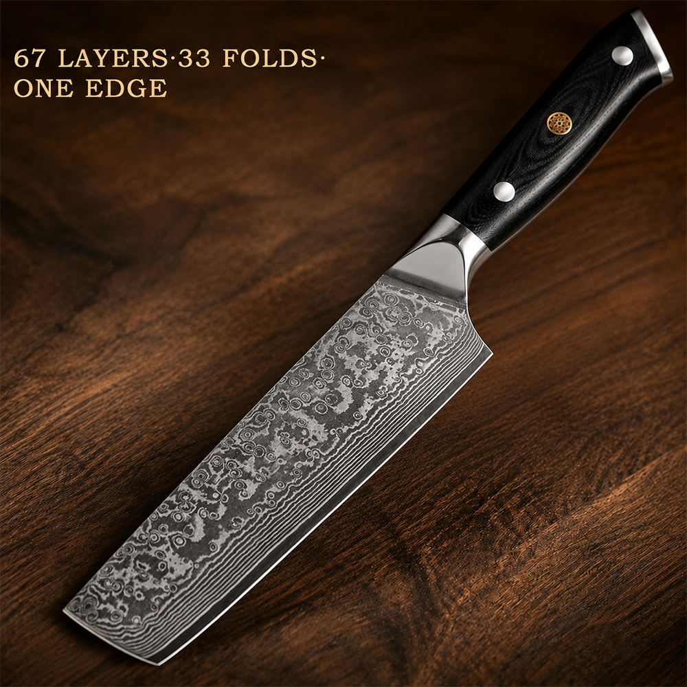 Morvillo Signature Nakiri 170mm — 67-Layer Damascus Vegetable Knife