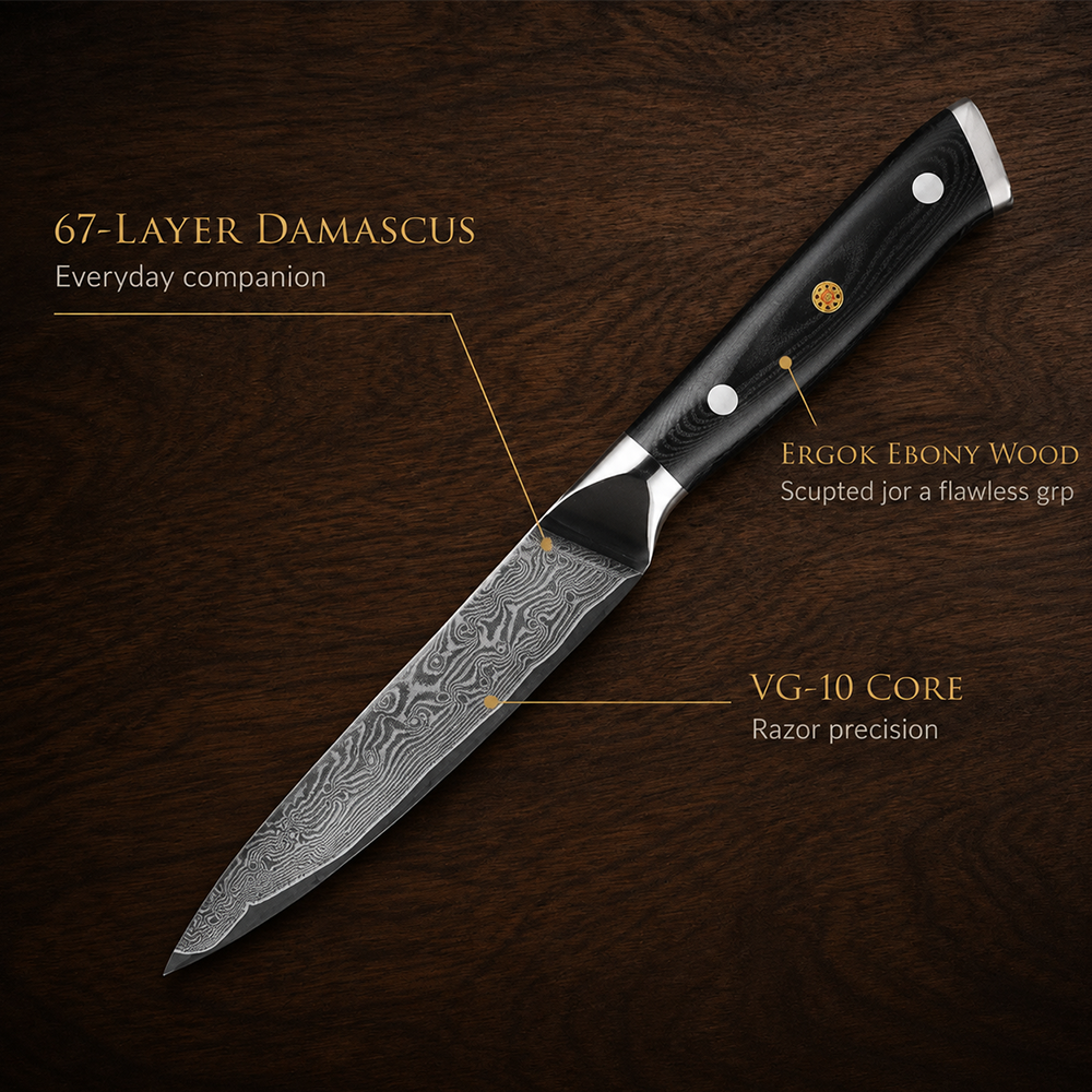 Morvillo Signature Petty 120mm — 67-Layer Damascus Utility Knife