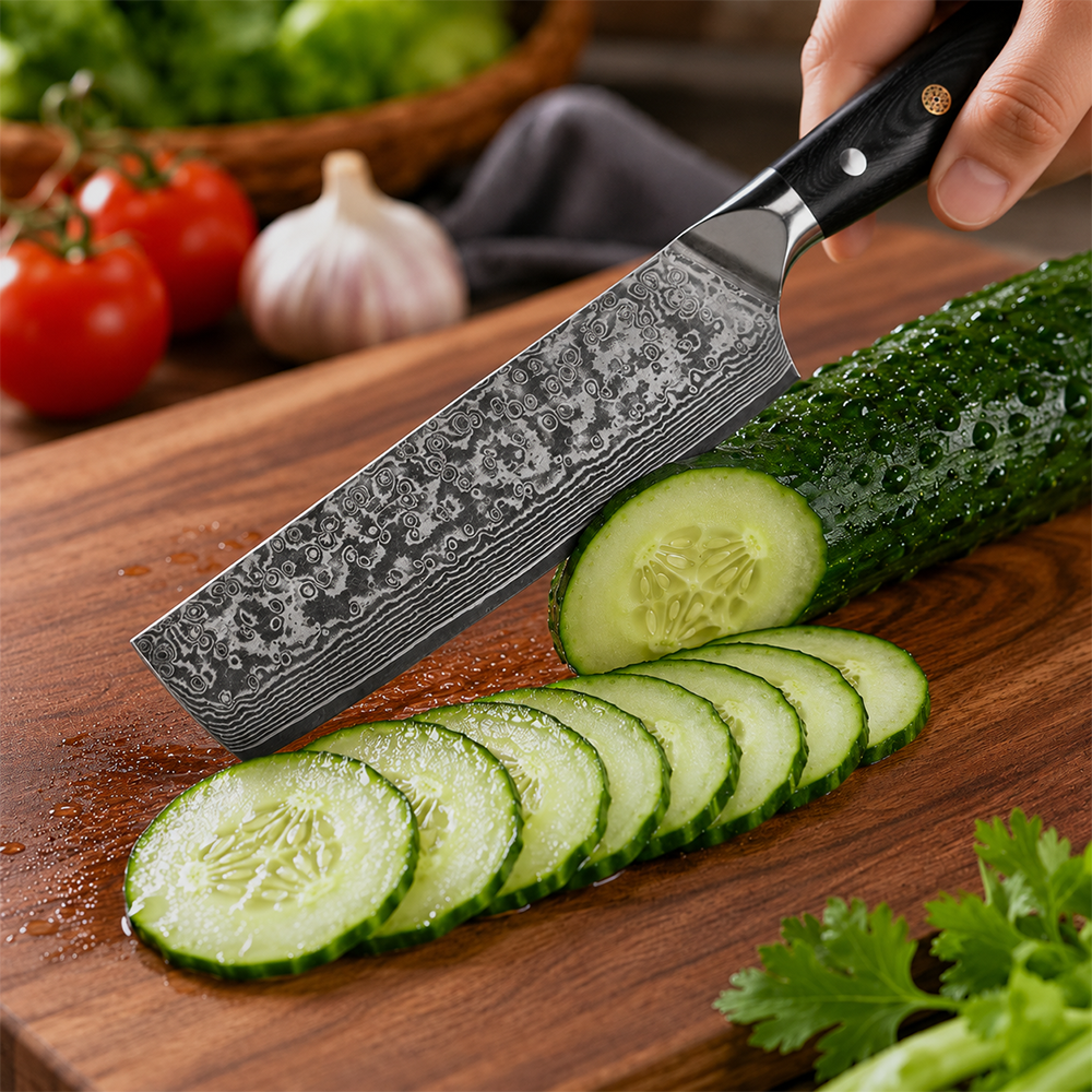 Morvillo Signature Nakiri 170mm — 67-Layer Damascus Vegetable Knife