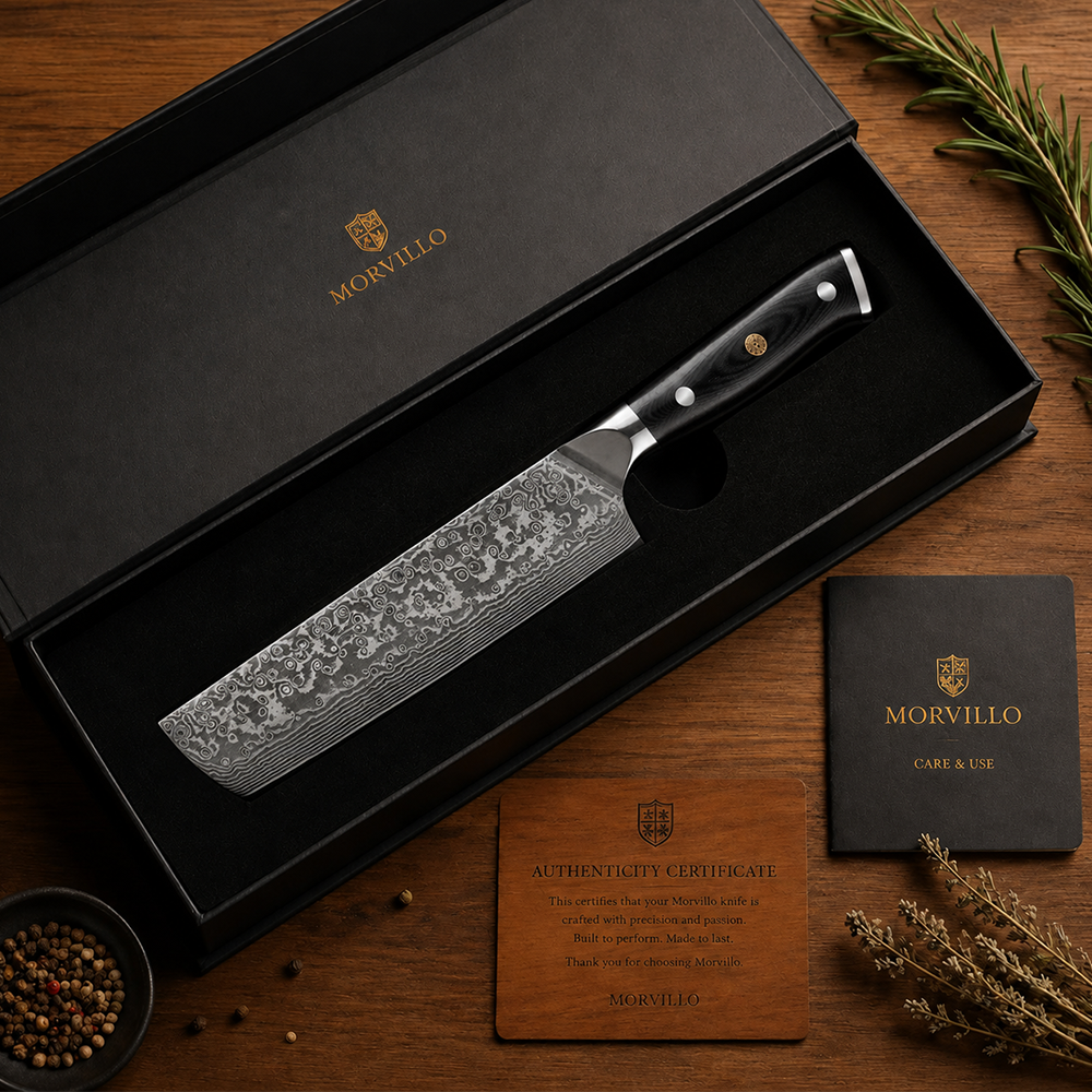 Morvillo Signature Nakiri 170mm — 67-Layer Damascus Vegetable Knife